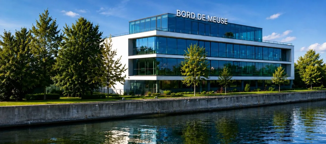 La façade vitrée des bureaux d'Actyve à Oupeye, vue depuis la rive du fleuve.