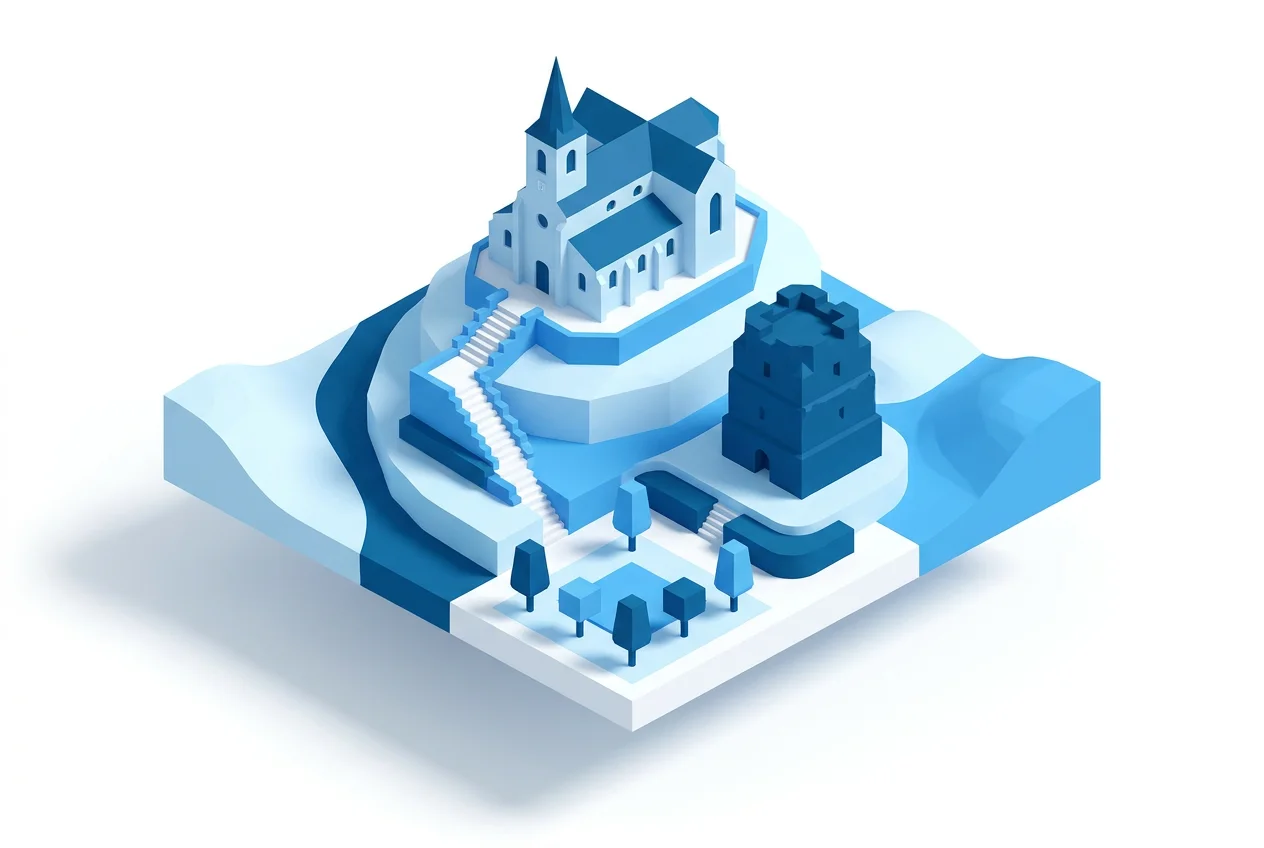 Illustration isométrique stylisée d’Arlon : l’église Saint-Donat sur la colline du Knippchen et la tour romaine