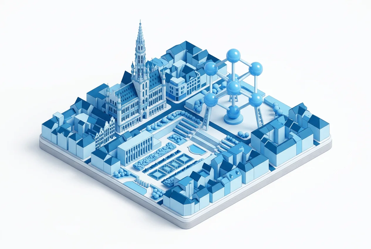 Illustration isométrique stylisée de Bruxelles : l’hôtel de ville de la Grand-Place, l’Atomium et le Mont des Arts