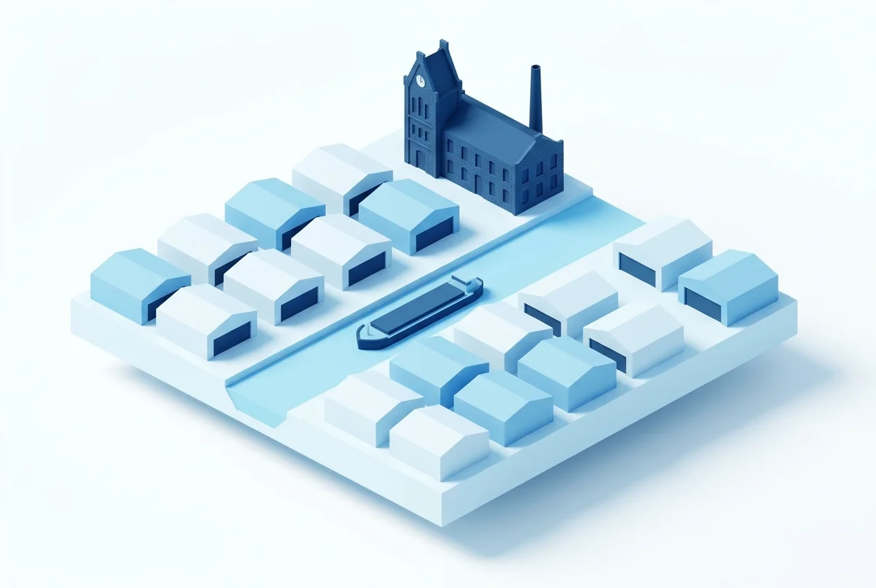 Illustration isométrique stylisée de Herstal : le canal Albert, le zoning des Hauts-Sarts et l’héritage armurier