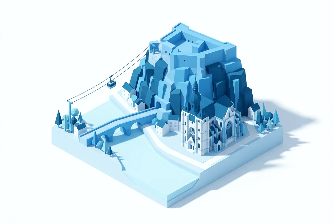 Illustration isométrique stylisée de Huy : la collégiale Notre-Dame, le fort et le pont sur la Meuse