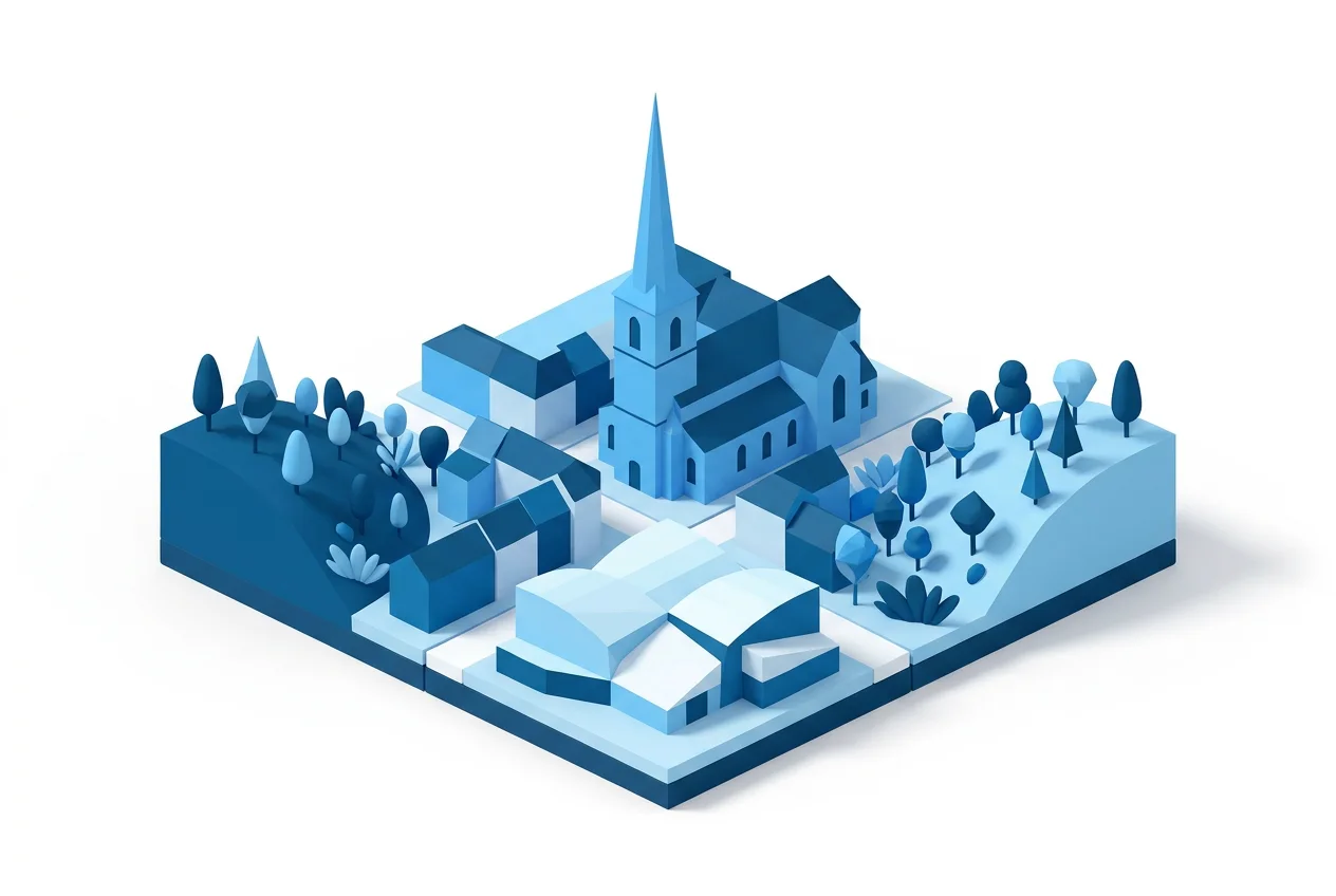 Illustration isométrique stylisée de Marche-en-Famenne : l’église Saint-Remacle, le parc d’expositions et la Famenne