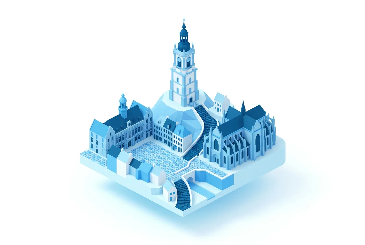 Illustration isométrique stylisée de Mons : le beffroi, la Grand-Place et la collégiale Sainte-Waudru