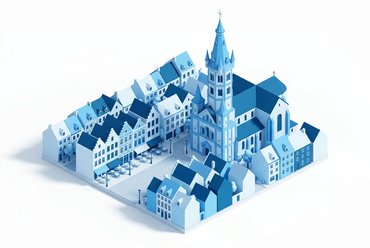 Illustration isométrique stylisée de Nivelles : la collégiale Sainte-Gertrude et la Grand-Place