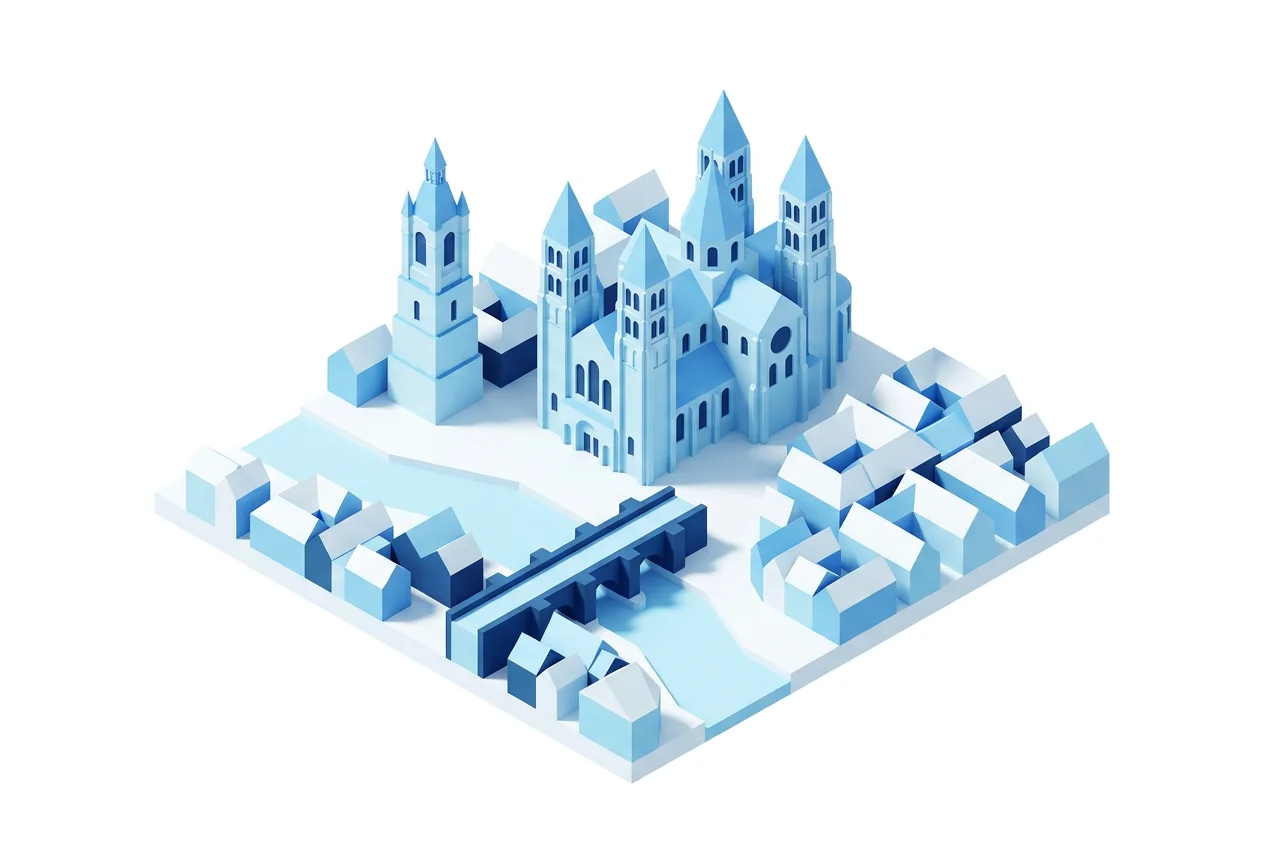 Illustration isométrique stylisée de Tournai : la cathédrale Notre-Dame aux cinq clochers, le beffroi et le Pont des Trous sur l’Escaut