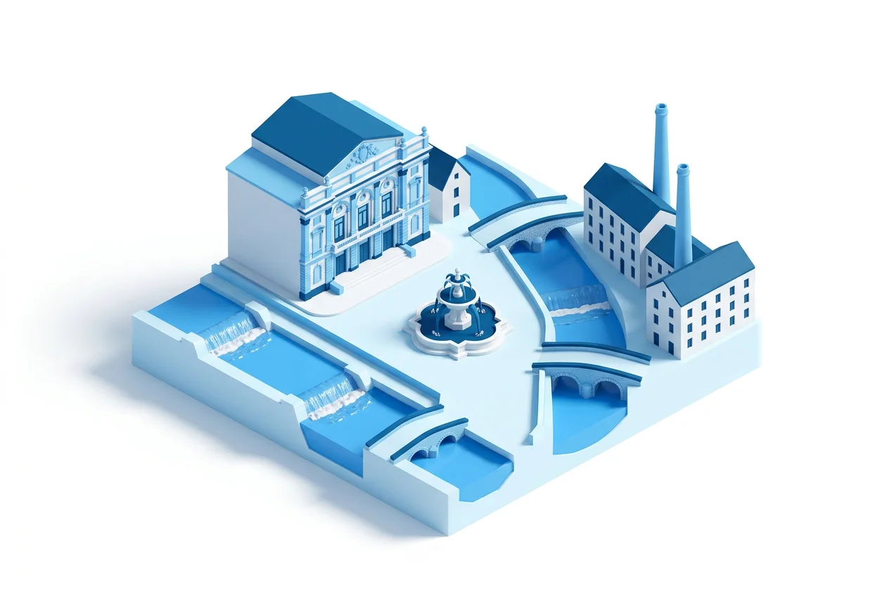 Illustration isométrique stylisée de Verviers : le théâtre, la Vesdre et les bâtiments de l’industrie lainière